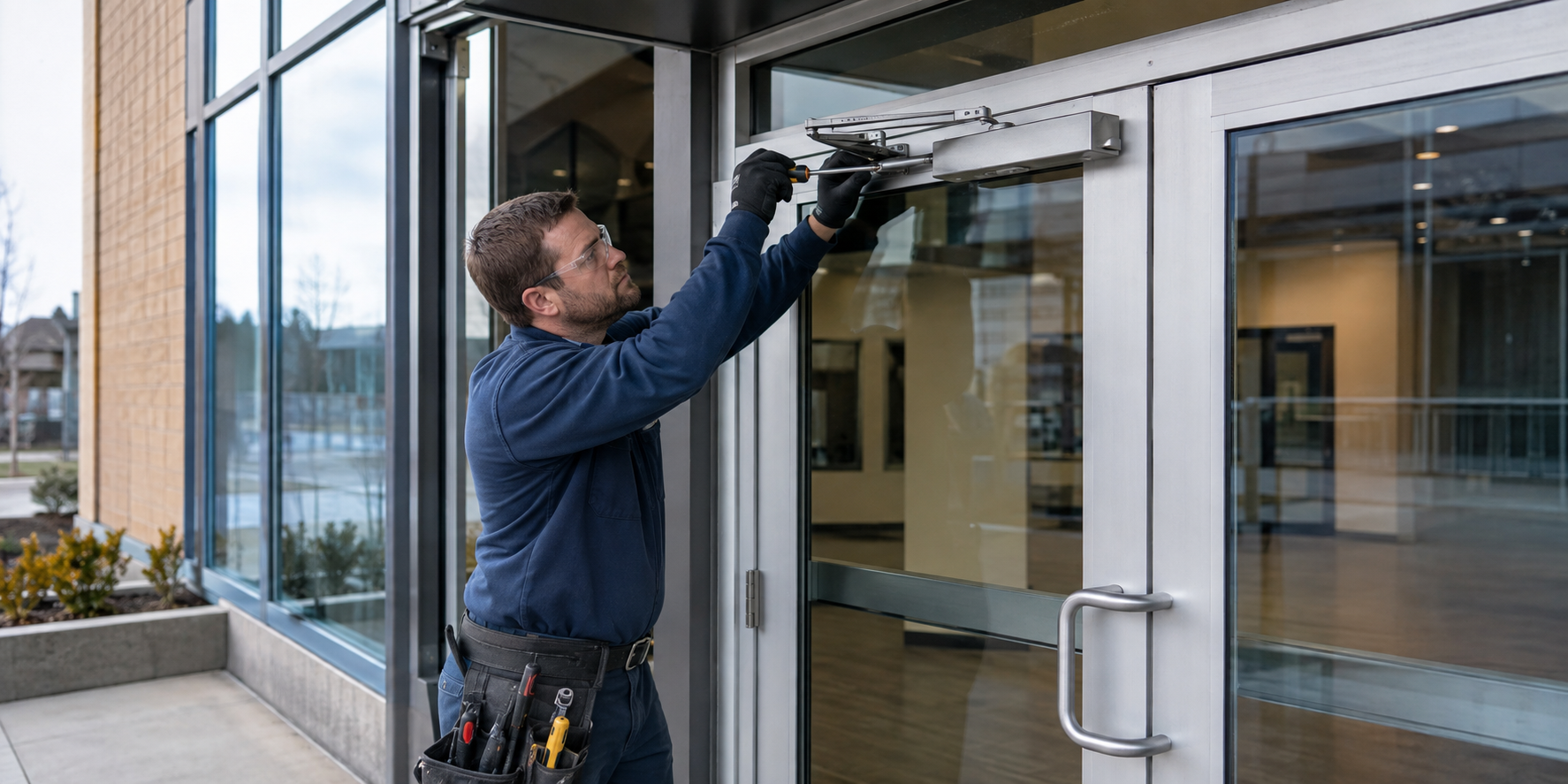 Commercial door technician servicing an aluminum storefront door closer