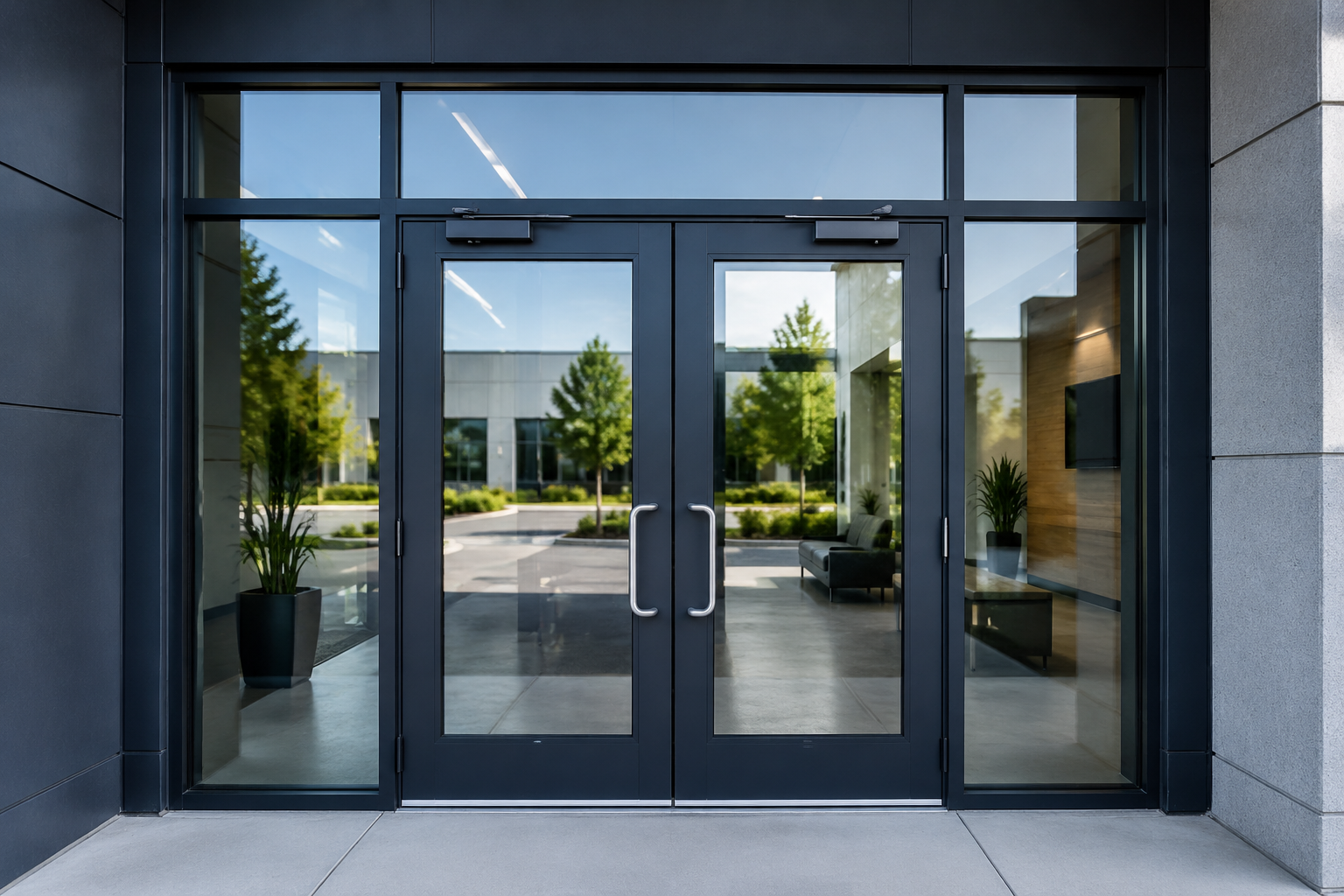 Pair of commercial glass doors with glass sidelites and a glass transom